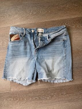 DRIFTWOOD light blue regular waist frayed denim cutoff shorts with sunset design